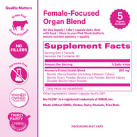 Pink and white product information card for a female-focused organ blend supplement, showing branding, benefits icons, a supplement facts panel, and packaging text.
