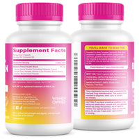 Two supplement bottles with pink caps and labels on a white background