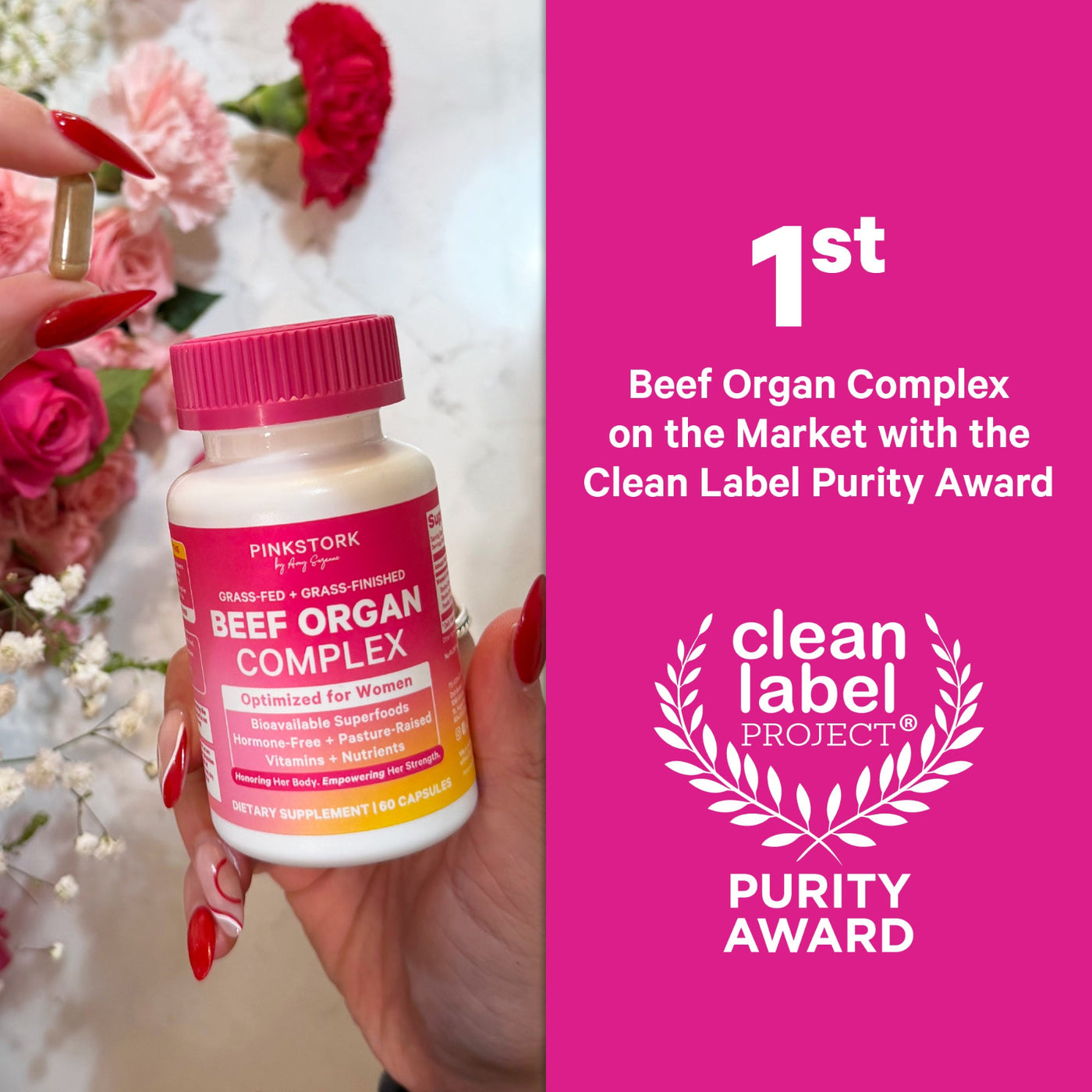 Hand holding a bottle of Pink Stork Beef Organ Complex with flowers in the background and Clean Label Project purity award text.