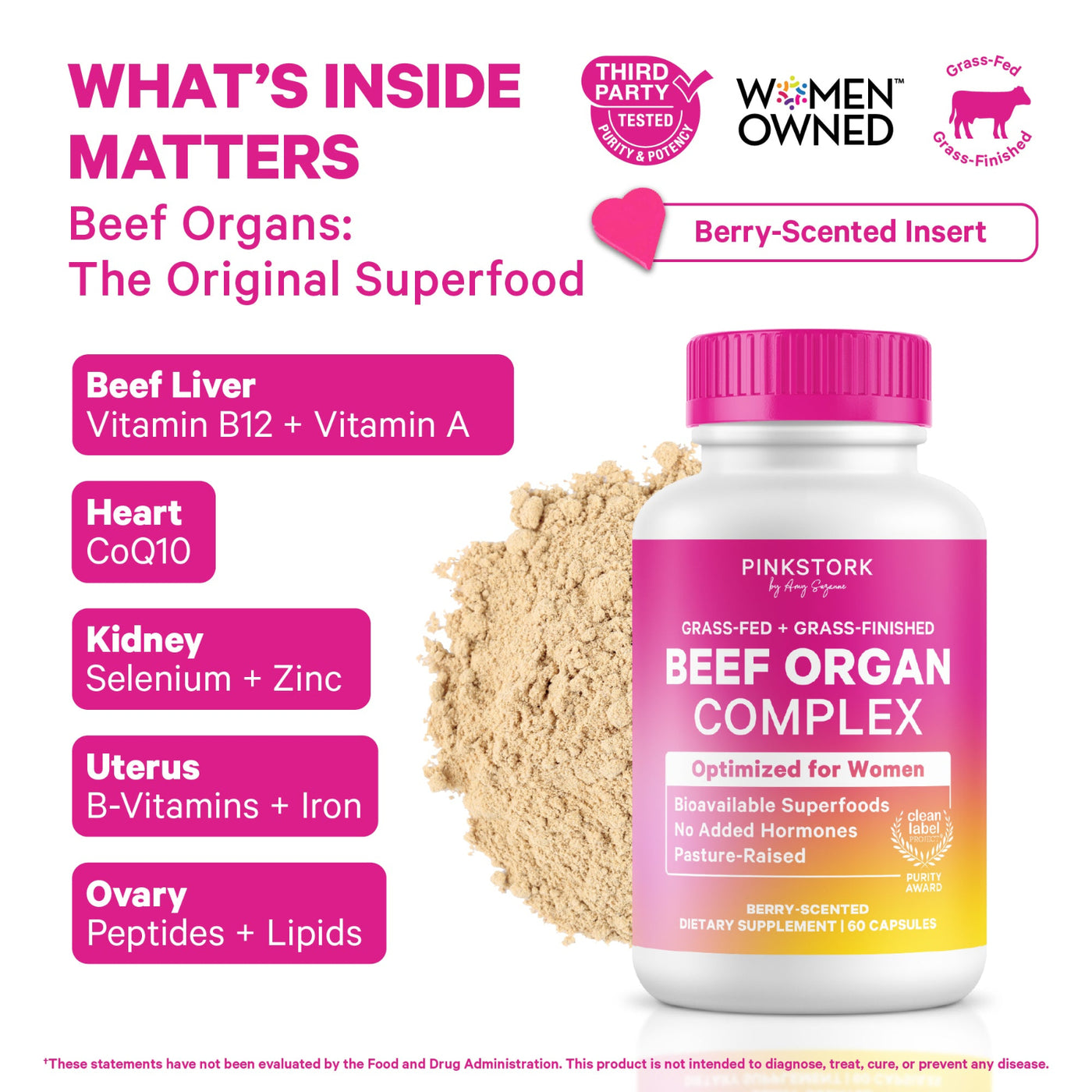 Pink and white supplement bottle labeled Pink Stork Beef Organ Complex, shown with a pink cap and a pile of beige powder on a white background with marketing text and icons.
