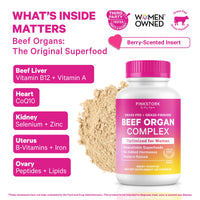 Pink and white supplement bottle labeled Pink Stork Beef Organ Complex, shown with a pink cap and a pile of beige powder on a white background with marketing text and icons.