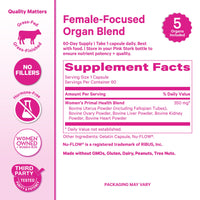 Pink and white product packaging graphic for a 'Female-Focused Organ Blend' supplement, featuring a 'Supplement Facts' panel, ingredient list, and several circular quality and certification badges on the left side.