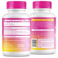 Two white plastic supplement bottles with bright pink caps and pink-to-yellow labels, shown front and back on a clean white background. The front label reads 'Supplement Facts' and 'Women's Primal Blend,' and the back shows 'You'll Want to Read This,' ingredients, and a barcode.