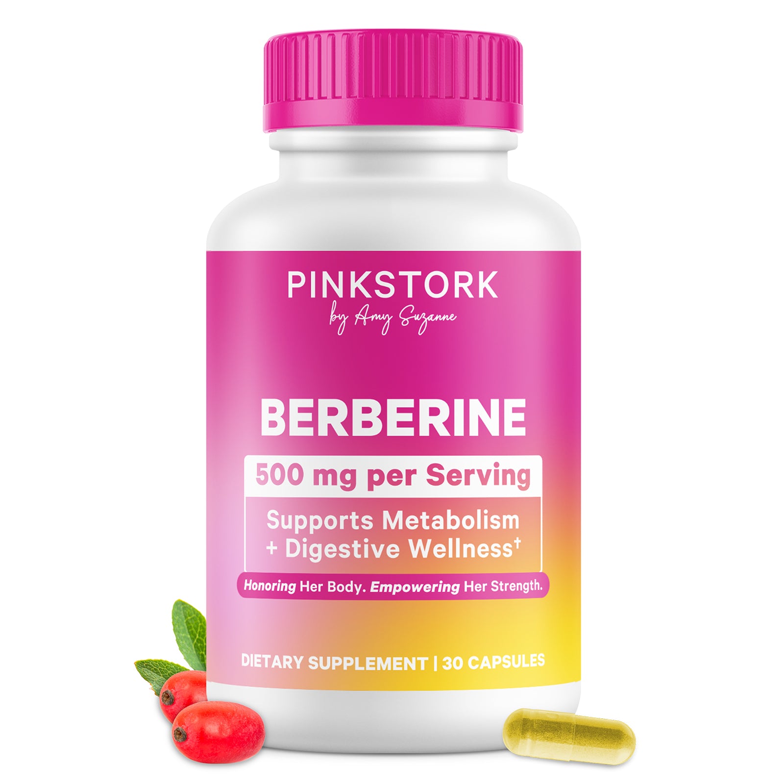 Pink Stork Berberine supplement bottle with pink cap on a white background