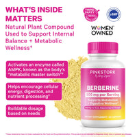 Pink Stork Berberine supplement bottle with text about its benefits on a white background