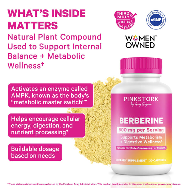 Pink Stork Berberine supplement bottle with text about its benefits on a white background