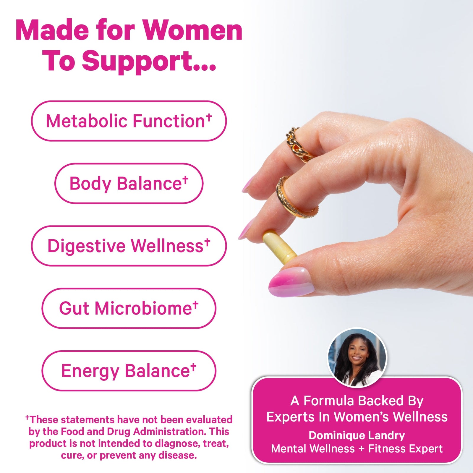 Hand holding a supplement with text about women's health benefits on a white background