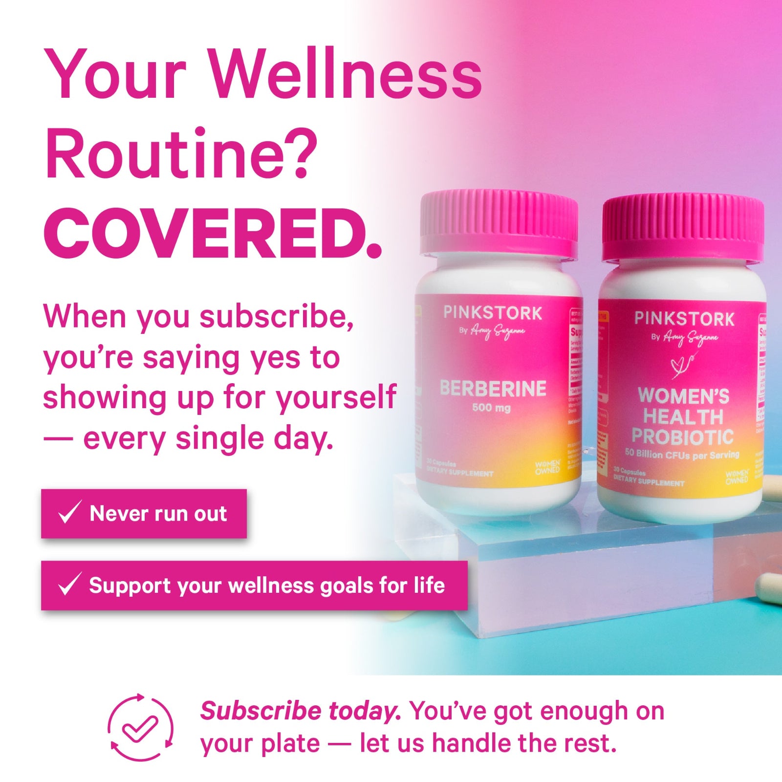 Two Pink Stork supplement bottles with promotional text on a gradient background