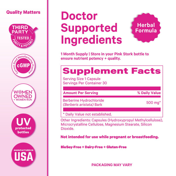Supplement label with pink and white design, featuring 'Doctor Supported Ingredients' and 'Herbal Formula'.