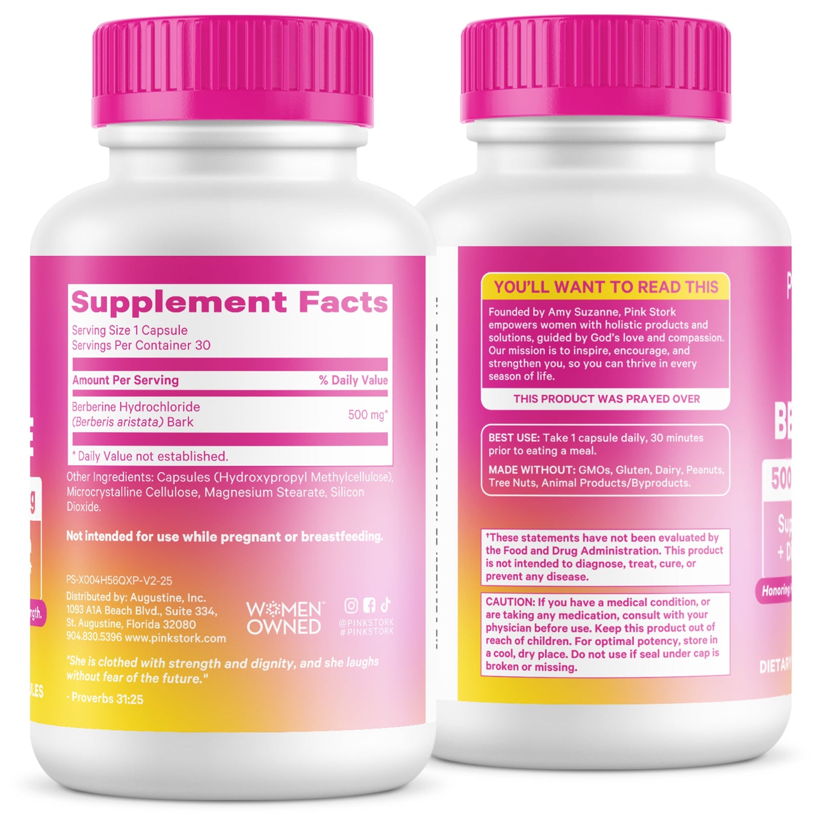 Two supplement bottles with pink caps and labels on a white background