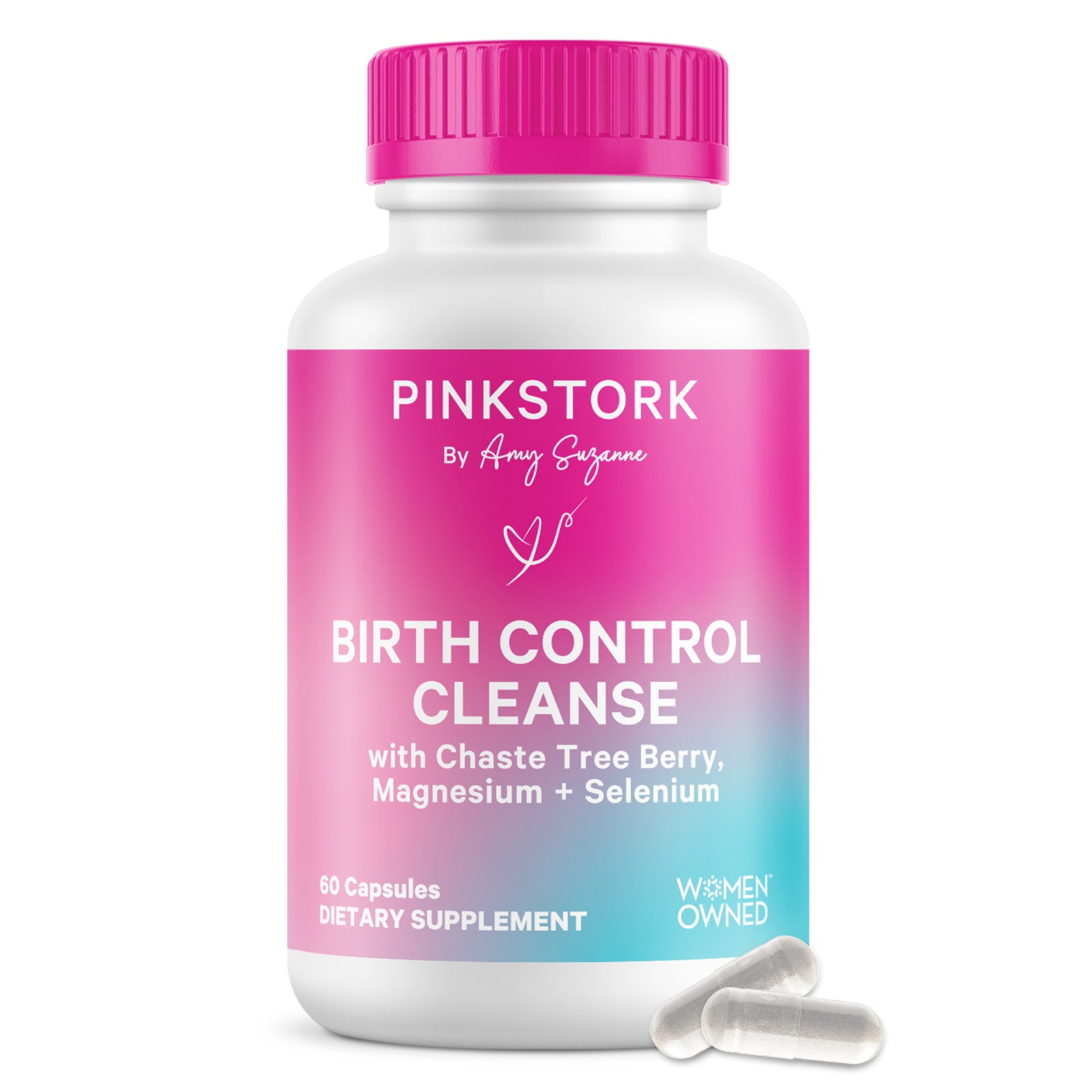 Pink Stork Birth Control Cleanse supplement bottle with pink cap on a white background