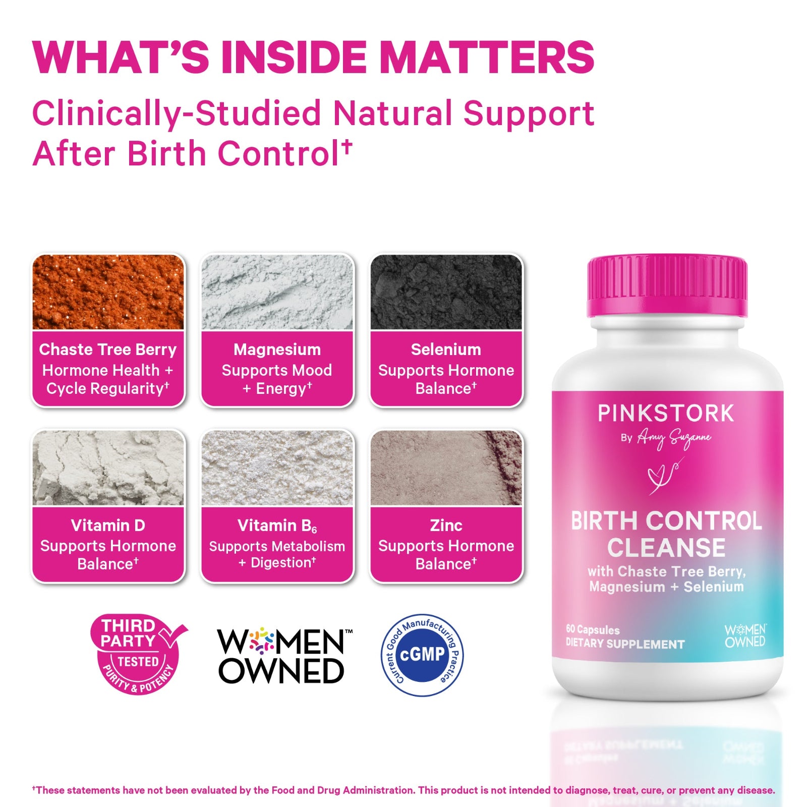 Pink Stork Birth Control Cleanse supplement bottle with ingredients listed on a white background