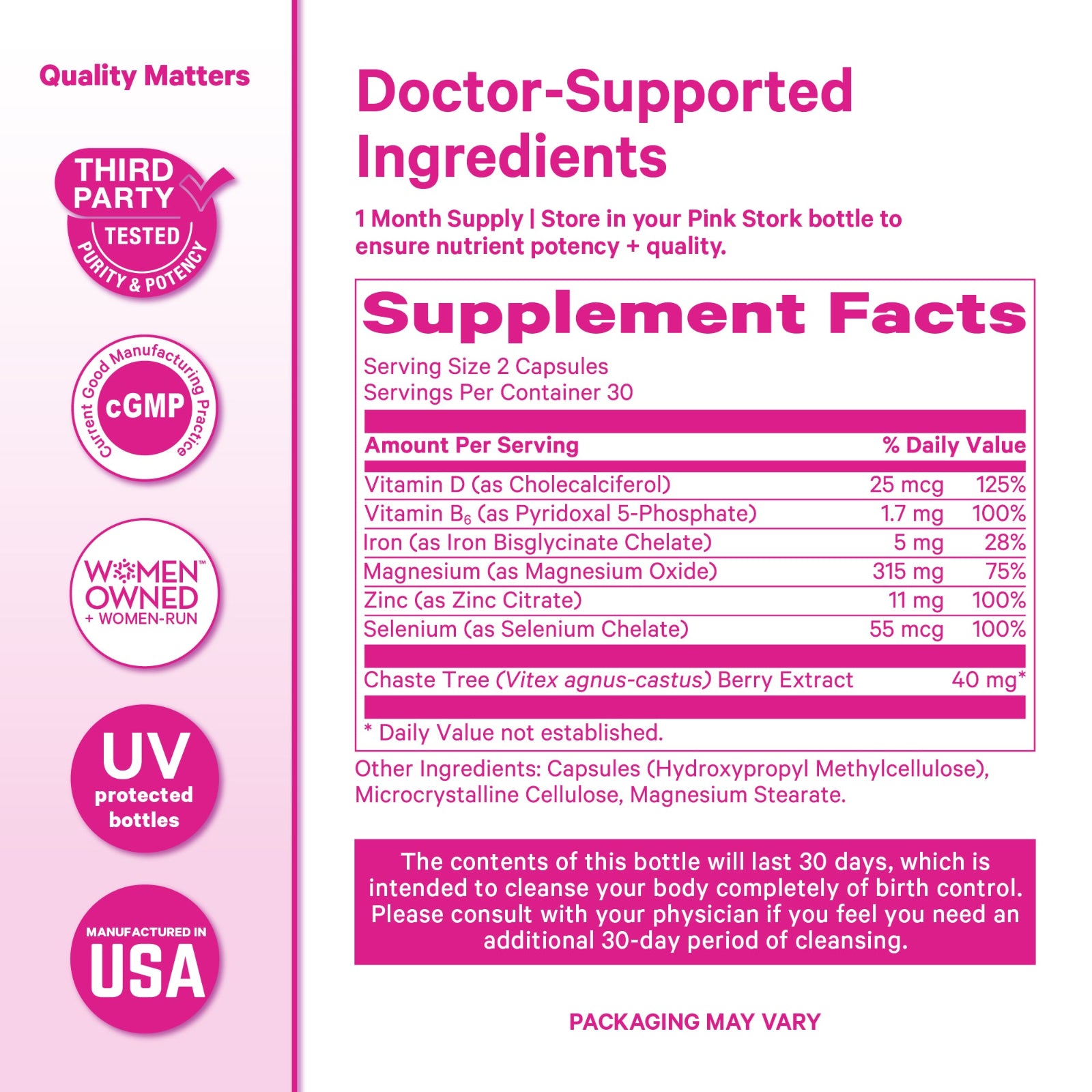 Supplement label with pink and white background, detailing ingredients and supplement facts.