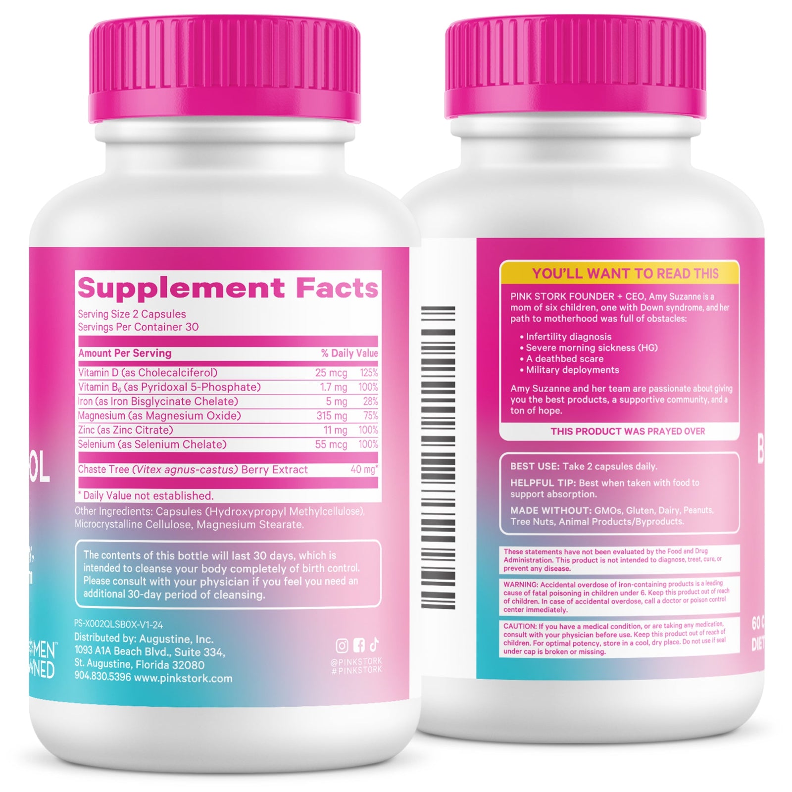 Two supplement bottles with pink caps and labels on a white background
