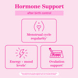 Hormone support after birth control. Menstrual cycle regularity. Energy + mood levels. Ovulation support. 