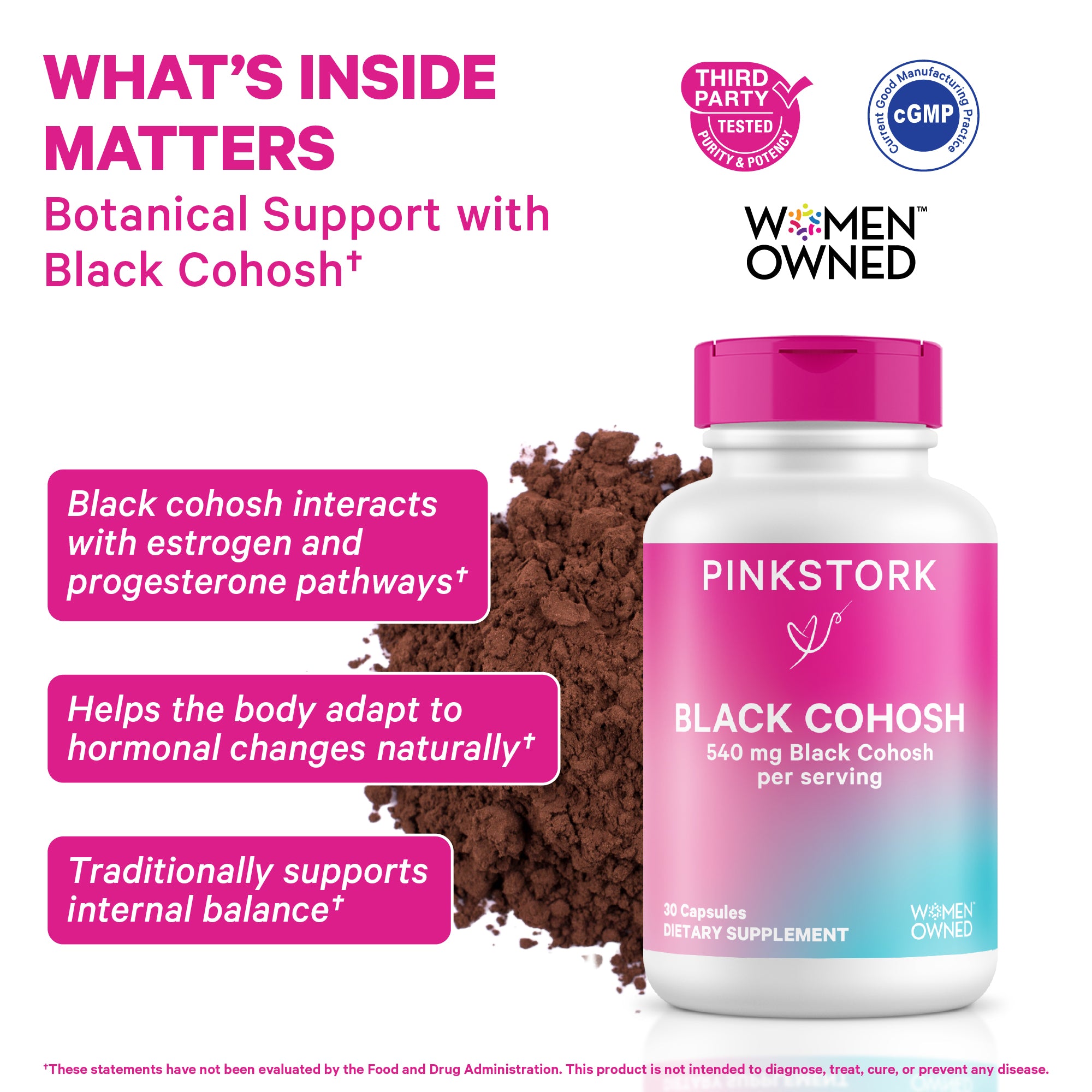 Pink Stork Black Cohosh supplement with botanical black cohosh root for women’s wellness support.