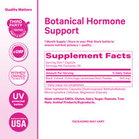 Pink Stork Black Cohosh supplement facts panel showing 540 mg black cohosh root per serving.