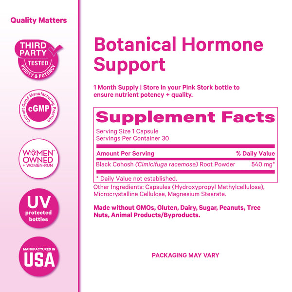 Pink Stork Black Cohosh supplement facts panel showing 540 mg black cohosh root per serving.