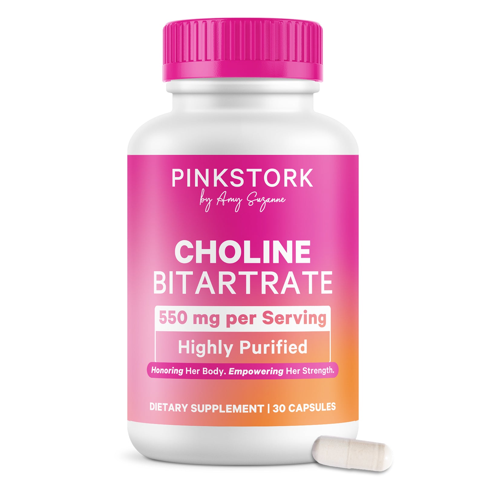 Supplement bottle labeled 'Pink Stork' with pink cap and gradient label on a white background
