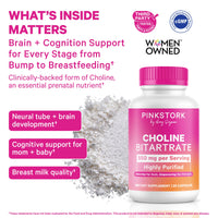 Pink Stork Choline Bitartrate supplement bottle with text about brain and cognition support.