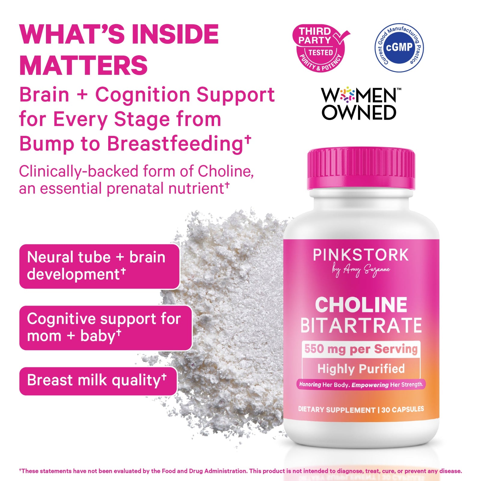 Pink Stork Choline Bitartrate supplement bottle with text about brain and cognition support.