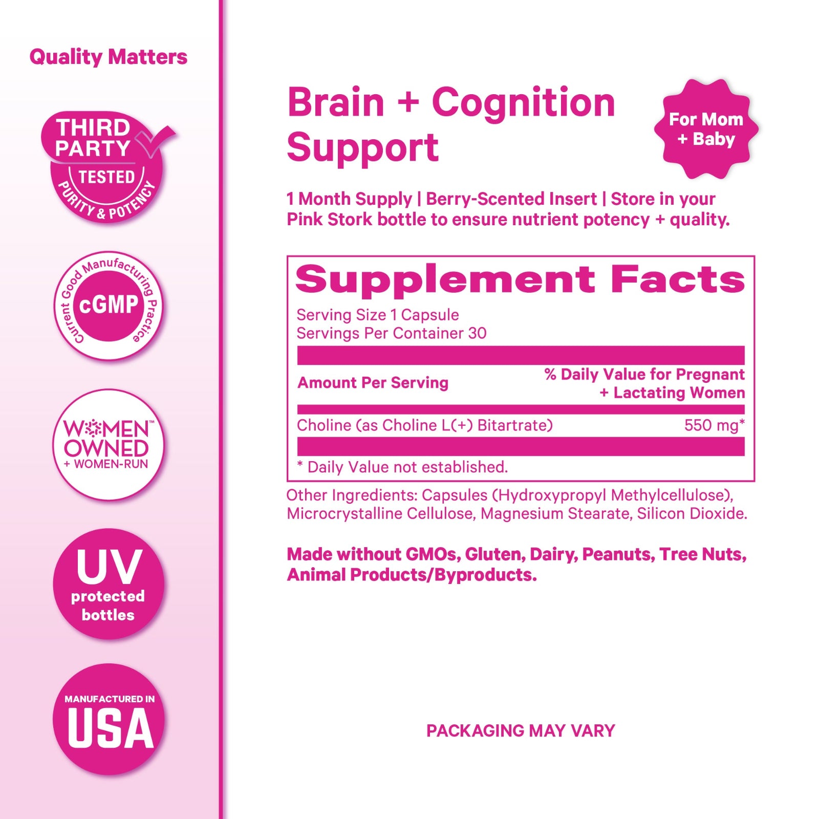 Supplement label for brain and cognition support with various certification logos on a pink background.