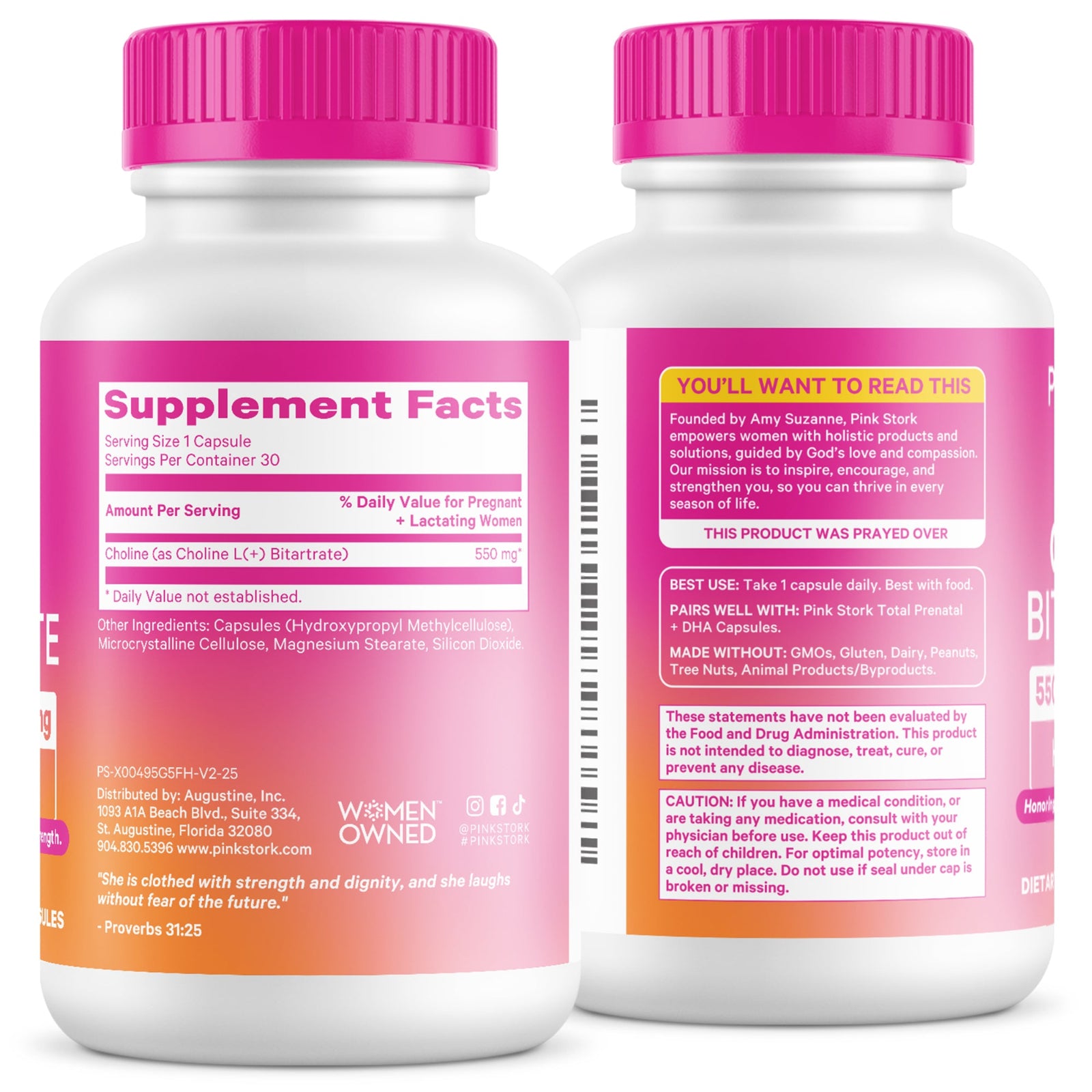 Two supplement bottles with pink caps and labels on a white background