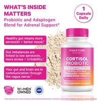 Cortisol Probiotic supplement bottle with pink label and white background