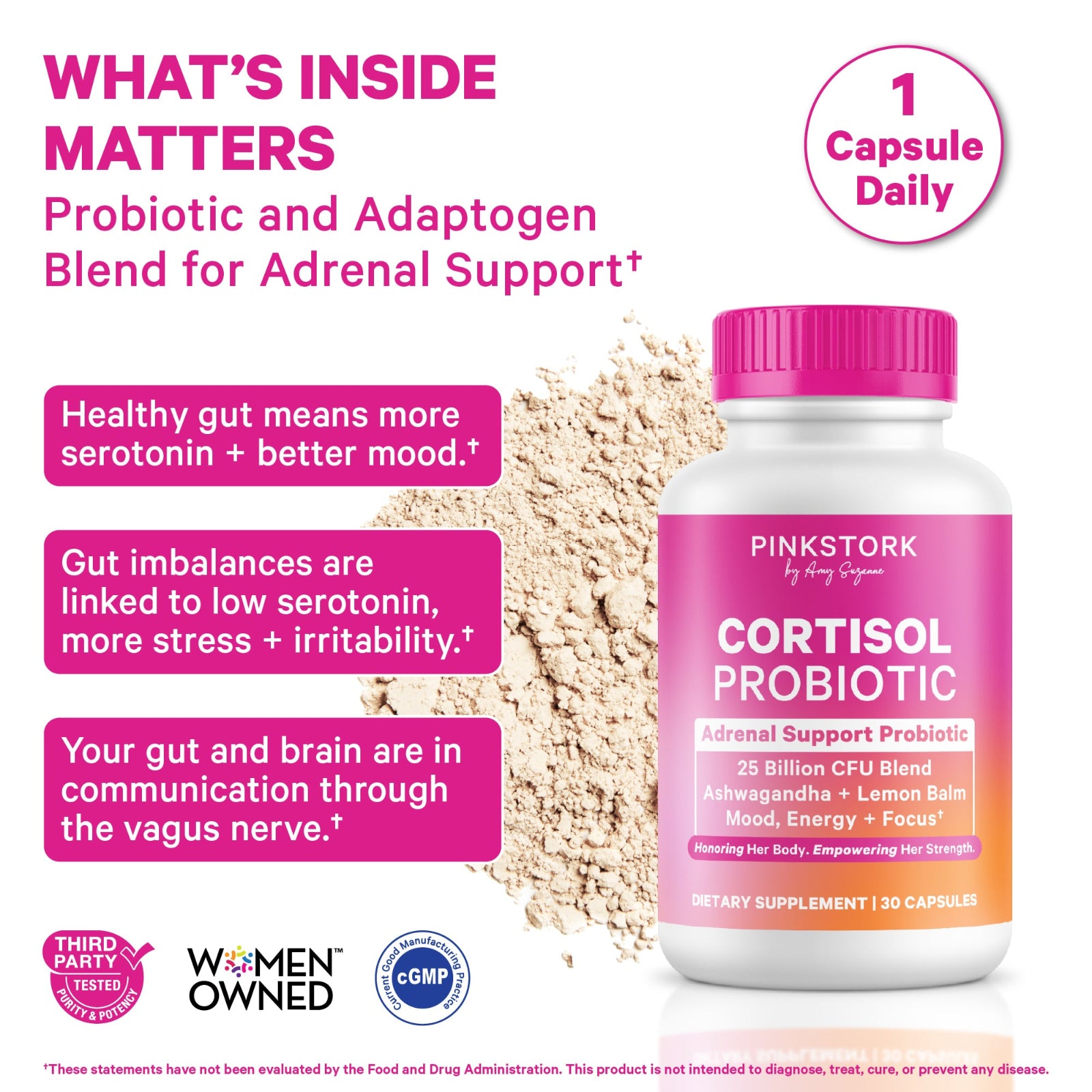Cortisol Probiotic supplement bottle with pink label and white background