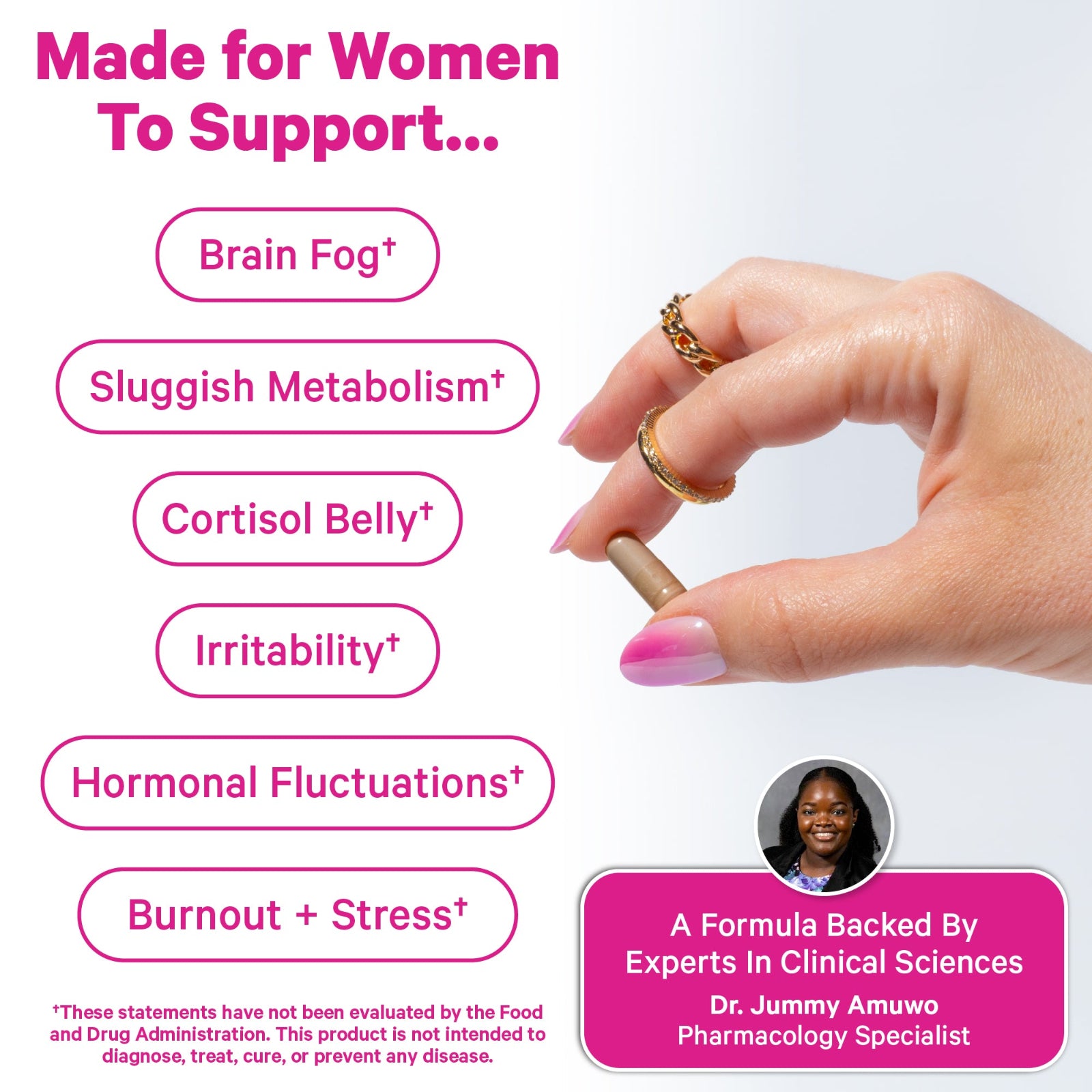 Hand holding a supplement with text about its benefits for women on a white background