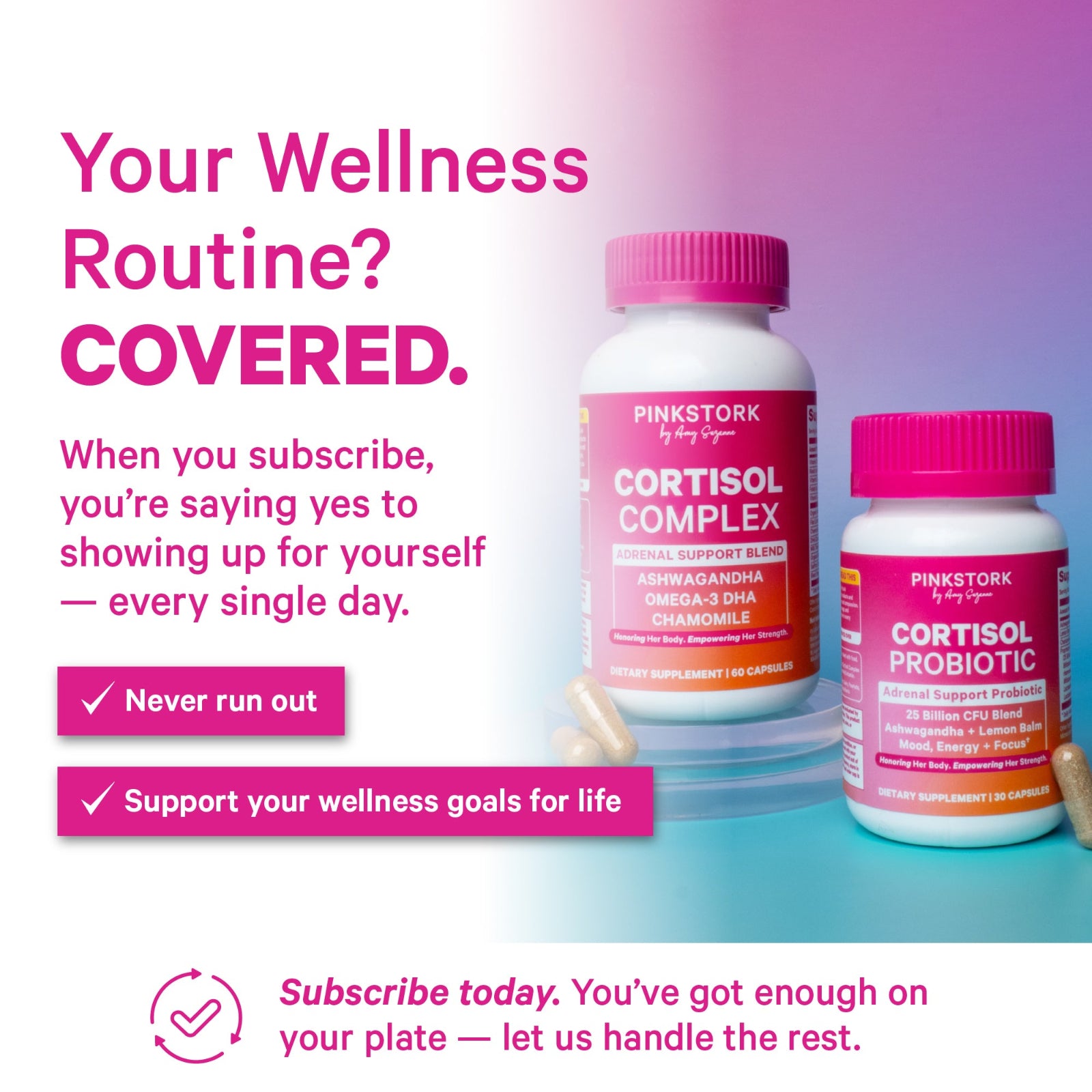 Pink Stork Cortisol Complex and Probiotic bottles with promotional text on a gradient background