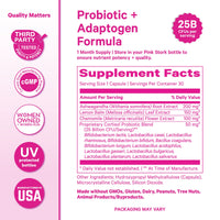 Supplement label for a Probiotic + Adaptogen Formula with various certifications and details on a pink background.