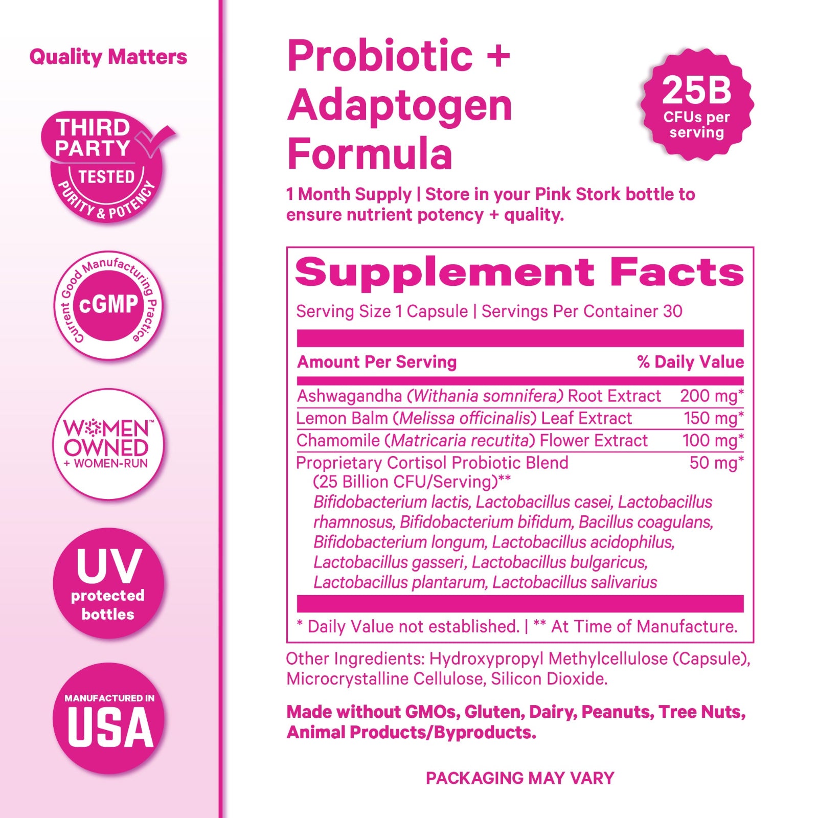 Supplement label for a Probiotic + Adaptogen Formula with various certifications and details on a pink background.