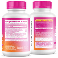 Two supplement bottles with pink caps and labels on a white background
