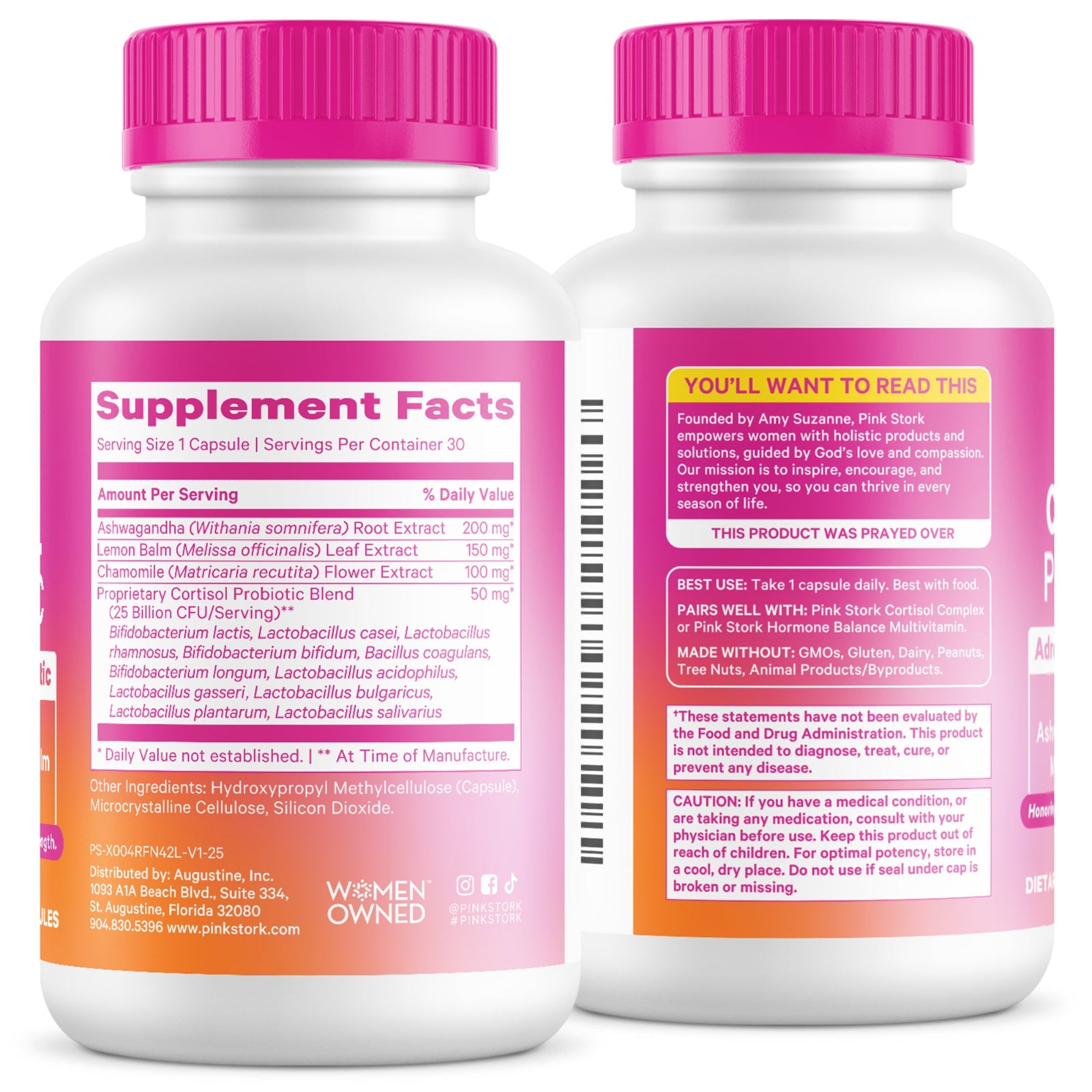 Two supplement bottles with pink caps and labels on a white background