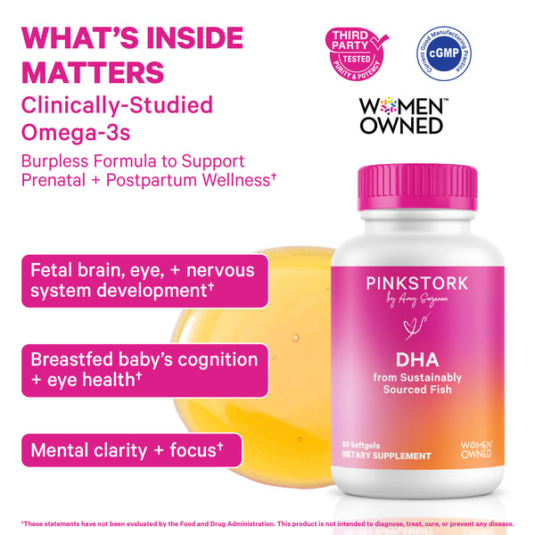 Pink Stork DHA omega-3 supplement from sustainably sourced fish listing benefits.