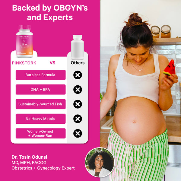 Pink Stork DHA omega-3 supplement comparison chart.
