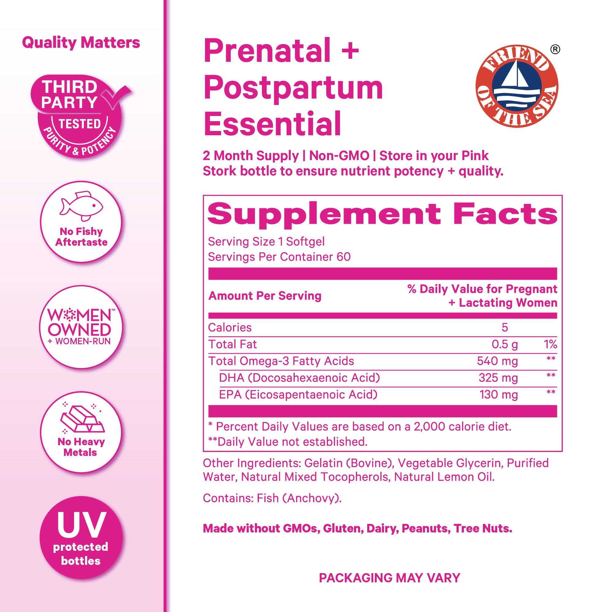 Pink Stork DHA supplement facts showing ingredients.