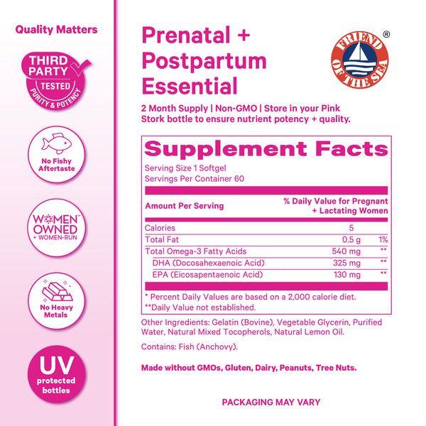 Pink Stork DHA supplement facts showing ingredients.