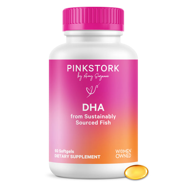 Pink Stork DHA bottle on a white background