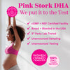 Pregnant woman doing light stretching. Pink Stork DHA. We put it to the test. cGMP + NSF certified facility. Based + blended in the USA. 3rd party lab tested. Unannounced sampling. Unannounced testing. Women owned + women run. 100% clean + trusted ingredients.