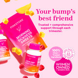 Pink Stork Morning Sickness Sweets, Labor Prep, and Total Prenatal floating around each other with raspberries and chunks of mango. Your bump's best friend. Trusted + comprehensive support through each trimester.