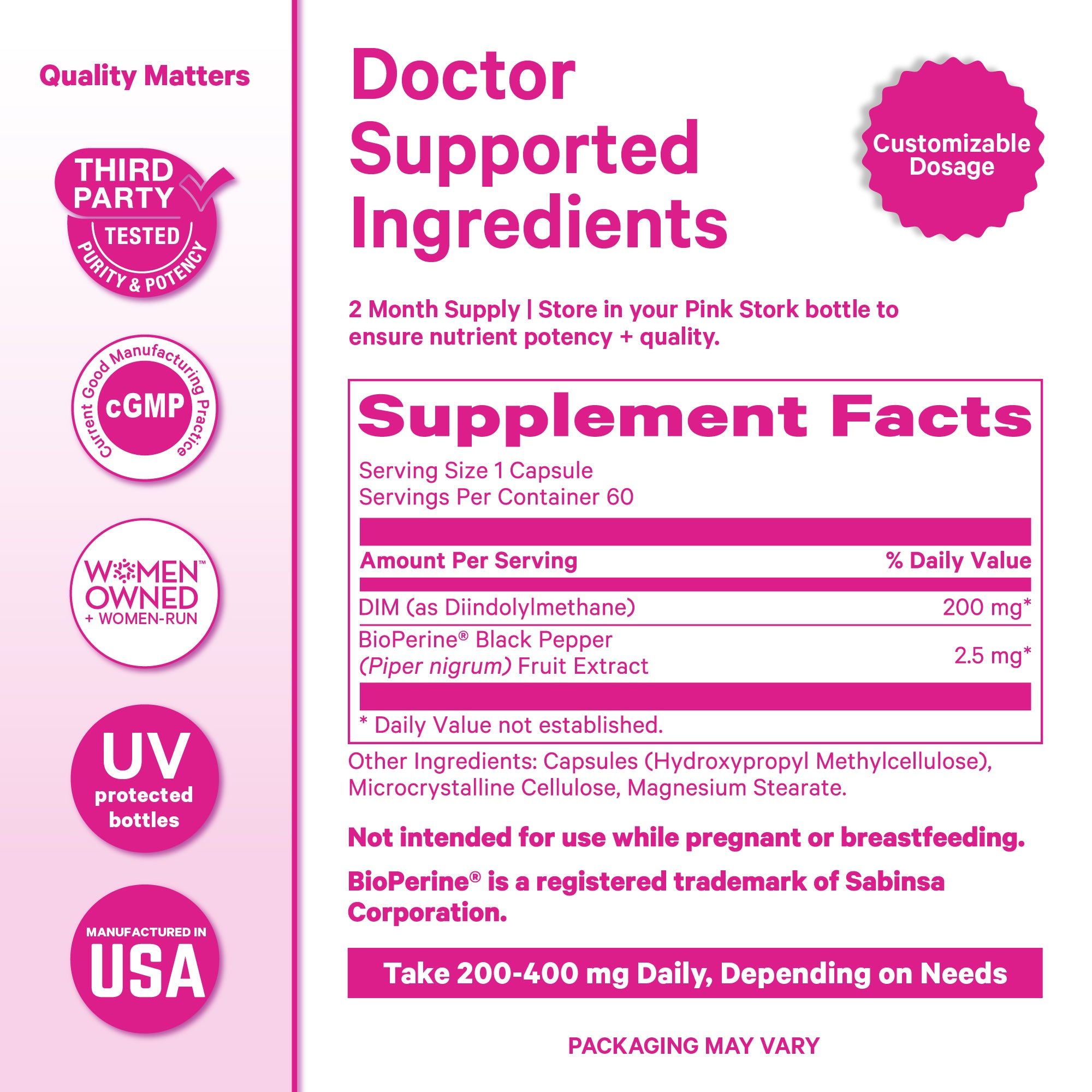 Pink Stork DIM supplement facts panel showing 200 mg diindolylmethane and BioPerine black pepper extract.