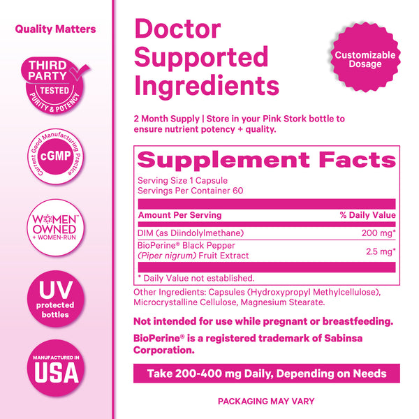 Pink Stork DIM supplement facts panel showing 200 mg diindolylmethane and BioPerine black pepper extract.