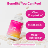 Bottle of Pink Stork DIM leaning in a pile of capsules. Benefits you can feel.