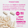 Pile of capsules spilling across the bottom left corner. List of logos of press that Pink Stork has been featured in.