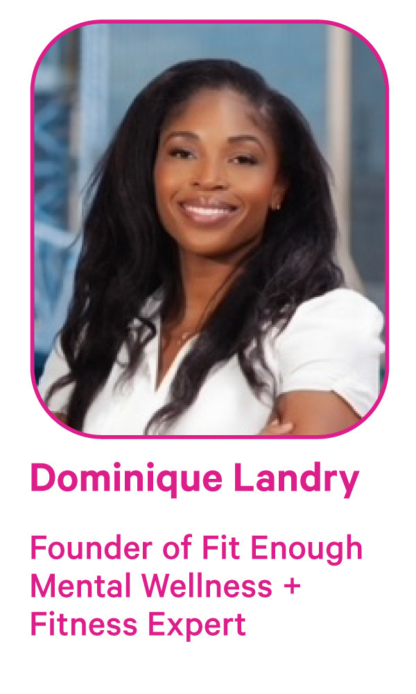 Woman with text 'Dominique Landry, Founder of Fit Enough Mental Wellness + Fitness Expert' on a pink and blue background