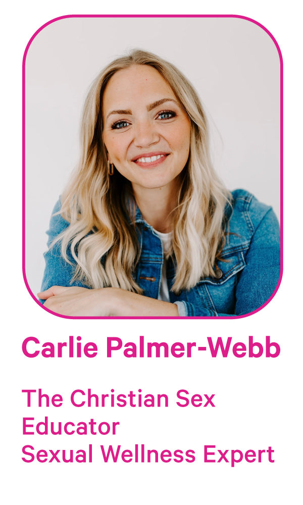 Woman with text overlay 'Carlie Palmer-Webb, The Christian Sex Educator, Sexual Wellness Expert' on a light pink background