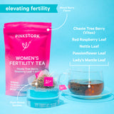 Elevating fertility. Mixed berry flavor. Chaste Tree Berry (Vitex), Red Raspberry Leaf, Nettle Leaf, Passionflower Leaf, and Lady's Mantle Leaf. Plant-based sachets. Pink Stork Fertility Tea with satchets and clear cup of tea steeping.