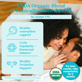 USDA Organic Blend of Clinically Studied Herbs for women TTC. Healthy conception support. Cycle regularity + hormonal balance. Health ovulation support. USDA organic. Couple snuggling in bed touching noses.